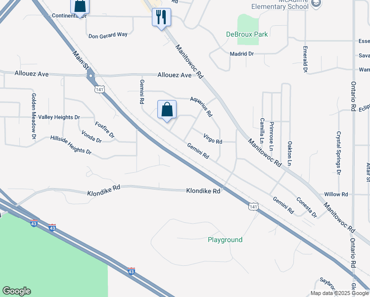map of restaurants, bars, coffee shops, grocery stores, and more near 2562 Gemini Road in Green Bay