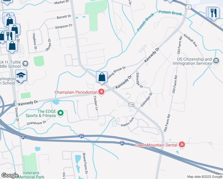 map of restaurants, bars, coffee shops, grocery stores, and more near Hinesburg Rd & Kennedy Dr in South Burlington