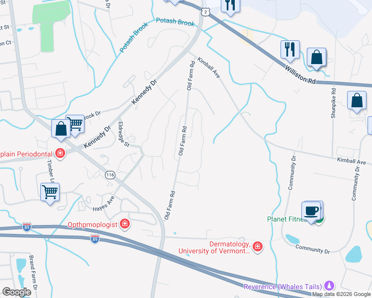 map of restaurants, bars, coffee shops, grocery stores, and more near 200 Old Farm Rd in South Burlington