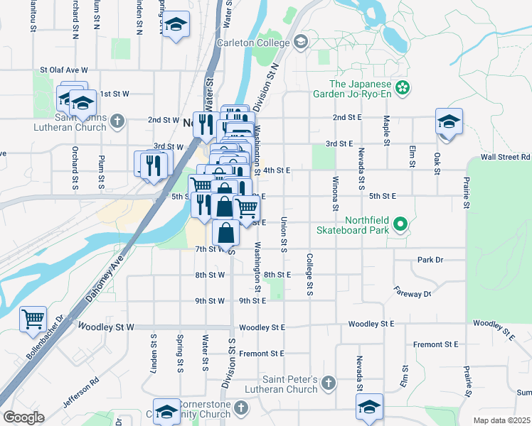 map of restaurants, bars, coffee shops, grocery stores, and more near 211 6th Street East in Northfield