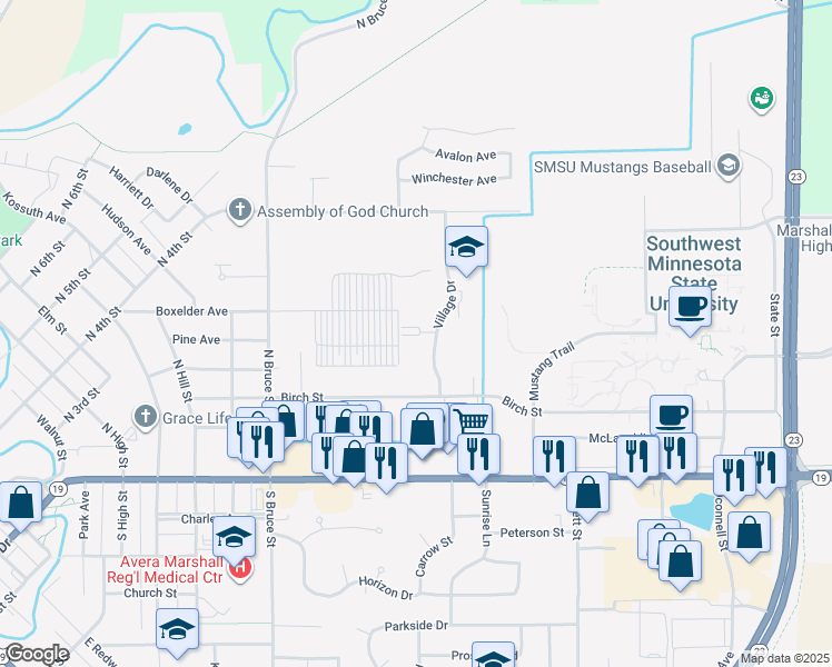 map of restaurants, bars, coffee shops, grocery stores, and more near 409 Village Drive in Marshall