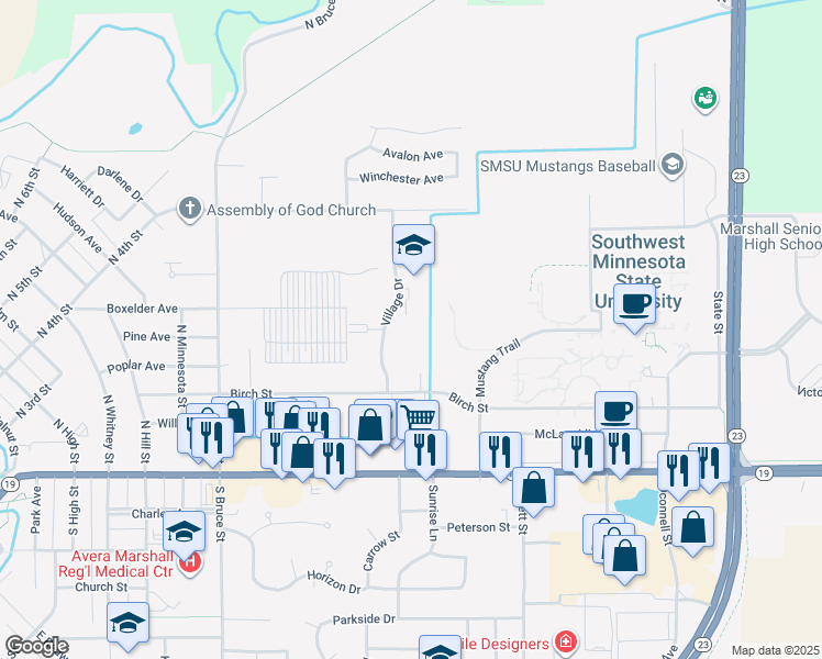 map of restaurants, bars, coffee shops, grocery stores, and more near 410 Village Drive in Marshall