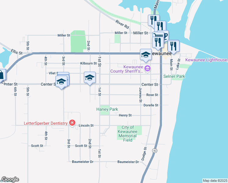 map of restaurants, bars, coffee shops, grocery stores, and more near 720 Rose Street in Kewaunee