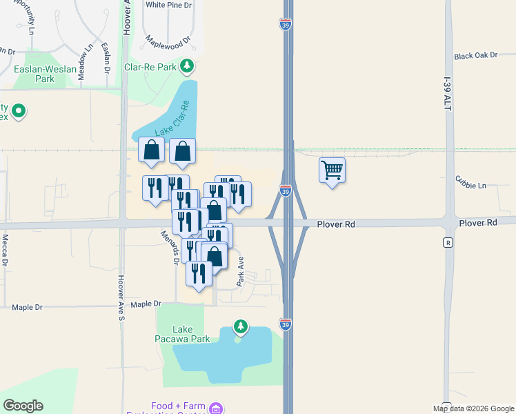 map of restaurants, bars, coffee shops, grocery stores, and more near 1501 American Drive in Plover