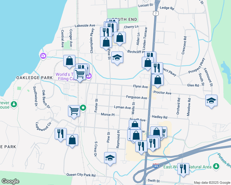 map of restaurants, bars, coffee shops, grocery stores, and more near 91 Ferguson Avenue in Burlington