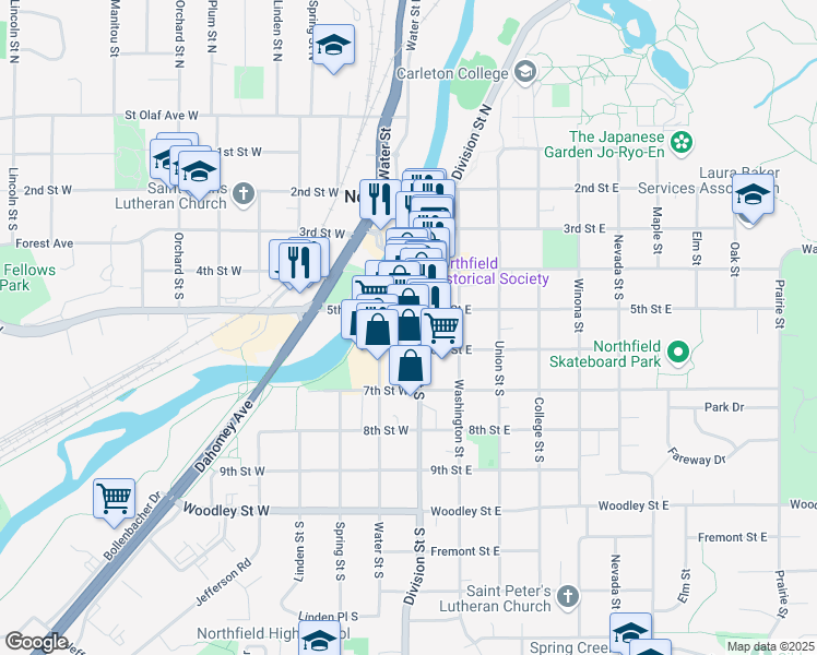 map of restaurants, bars, coffee shops, grocery stores, and more near 530 Division Street South in Northfield