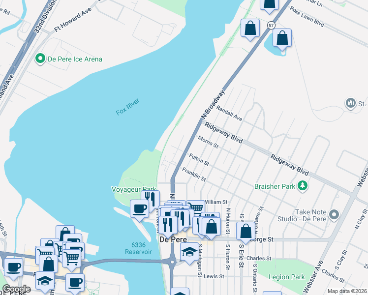 map of restaurants, bars, coffee shops, grocery stores, and more near 410 Fulton Street in De Pere
