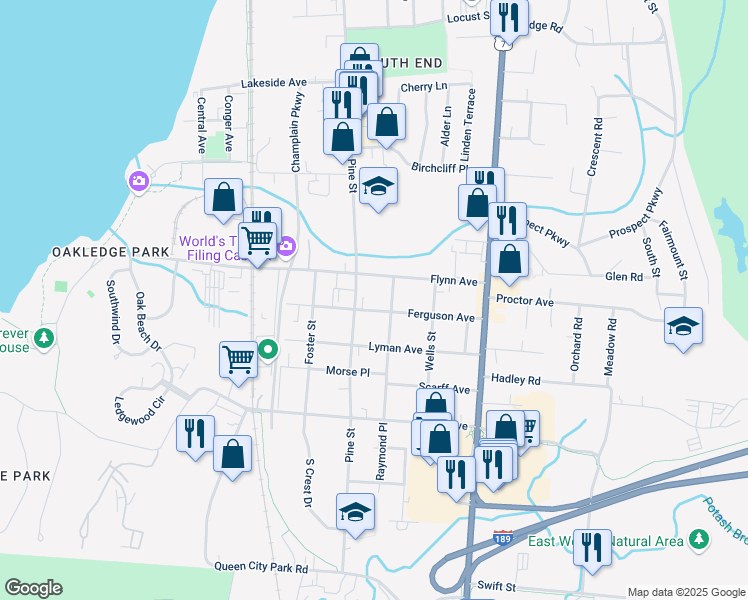 map of restaurants, bars, coffee shops, grocery stores, and more near 91 Ferguson Avenue in Burlington
