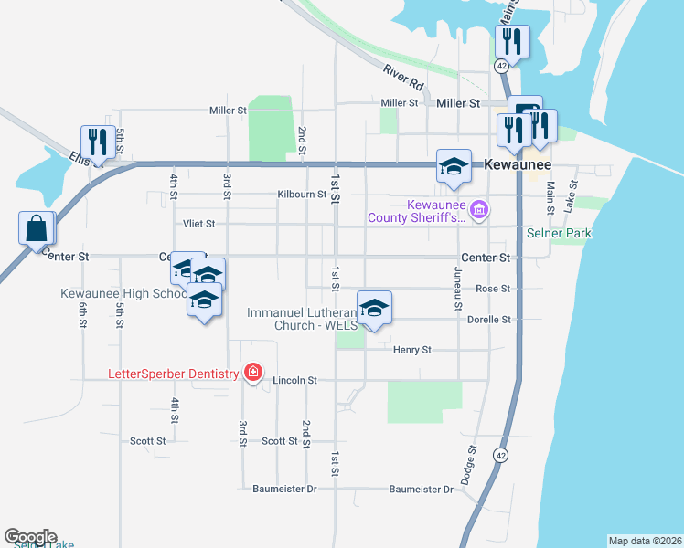 map of restaurants, bars, coffee shops, grocery stores, and more near 822 Rose Street in Kewaunee