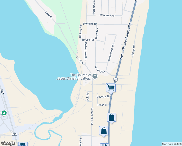map of restaurants, bars, coffee shops, grocery stores, and more near 6000-6022 Cedar Lake Road in Oscoda charter Township