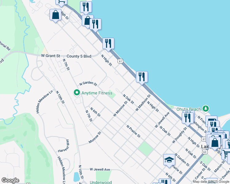 map of restaurants, bars, coffee shops, grocery stores, and more near 1001 North Oak Street in Lake City