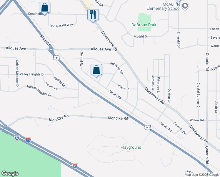 map of restaurants, bars, coffee shops, grocery stores, and more near 2815 Capricorn Drive in Green Bay