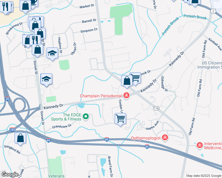 map of restaurants, bars, coffee shops, grocery stores, and more near 69 Manor Woods in South Burlington