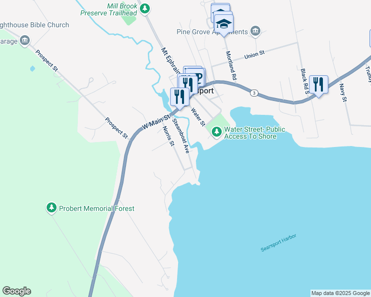 map of restaurants, bars, coffee shops, grocery stores, and more near 20 Steamboat Avenue in Searsport