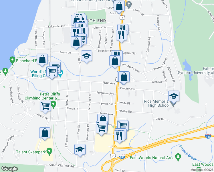 map of restaurants, bars, coffee shops, grocery stores, and more near 414 Flynn Avenue in Burlington