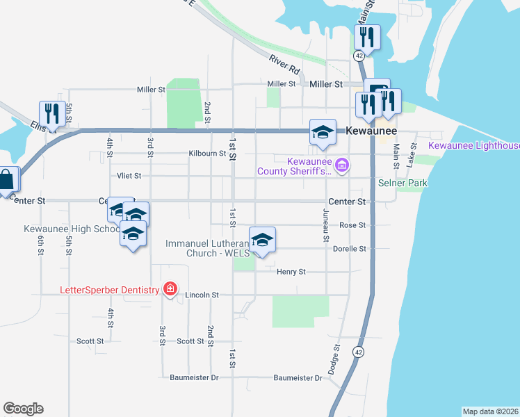 map of restaurants, bars, coffee shops, grocery stores, and more near 719 Center Street in Kewaunee