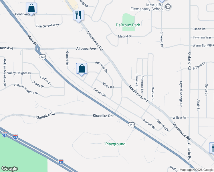 map of restaurants, bars, coffee shops, grocery stores, and more near 2841 Virgo Road in Green Bay