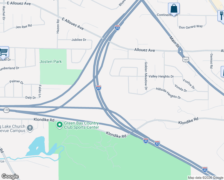 map of restaurants, bars, coffee shops, grocery stores, and more near 2476 Valley Heights Drive in Green Bay