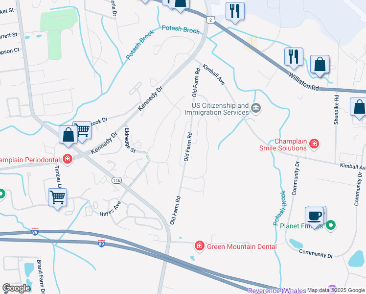 map of restaurants, bars, coffee shops, grocery stores, and more near 205 Old Farm Road in South Burlington
