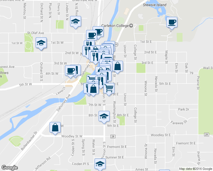 map of restaurants, bars, coffee shops, grocery stores, and more near 503 Division St S in Northfield