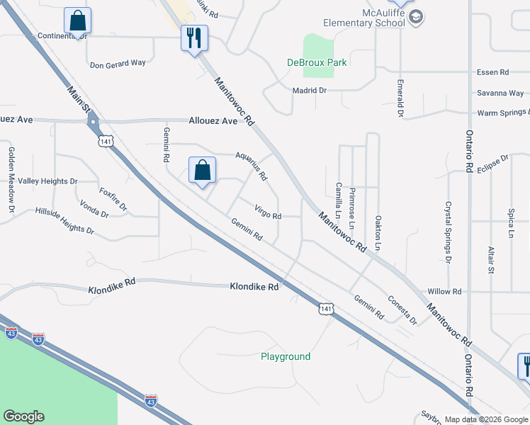 map of restaurants, bars, coffee shops, grocery stores, and more near 2841 Virgo Road in Green Bay