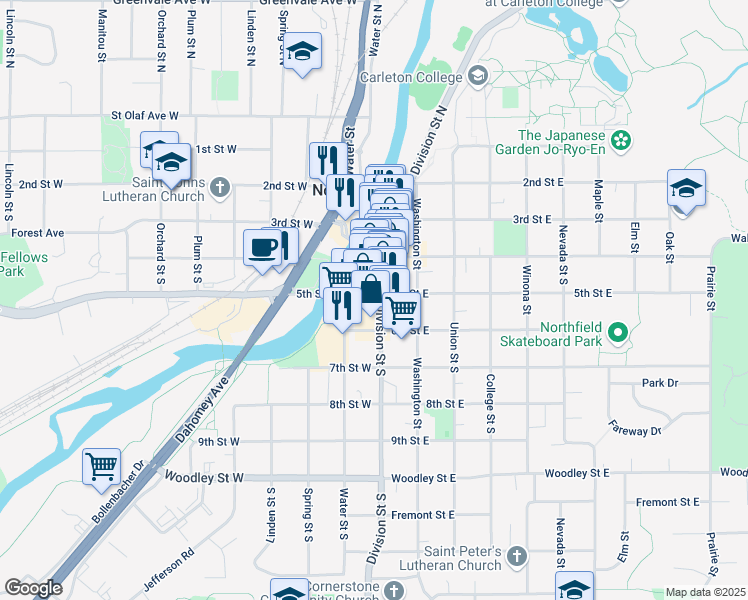 map of restaurants, bars, coffee shops, grocery stores, and more near 418 Division Street South in Northfield