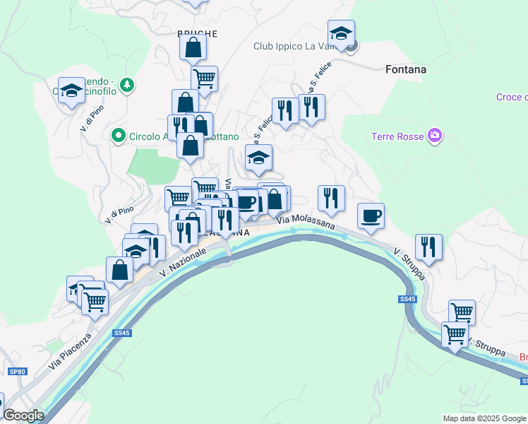 map of restaurants, bars, coffee shops, grocery stores, and more near 3B Via San Felice in Genova