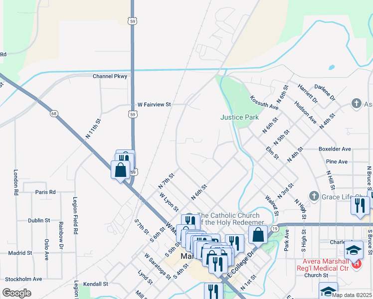 map of restaurants, bars, coffee shops, grocery stores, and more near 606 Heritage Circle in Marshall