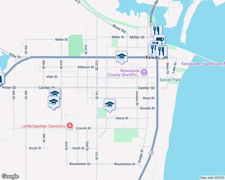 map of restaurants, bars, coffee shops, grocery stores, and more near 719 Center Street in Kewaunee