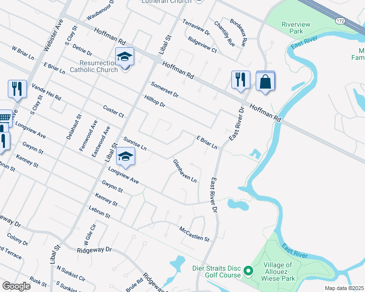 map of restaurants, bars, coffee shops, grocery stores, and more near 728 East Briar Lane in Allouez