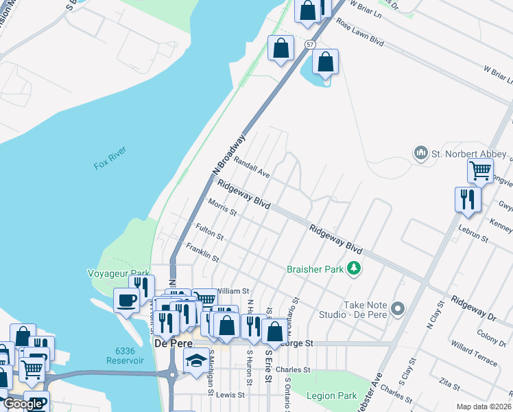 map of restaurants, bars, coffee shops, grocery stores, and more near 804 Lawton Place in De Pere