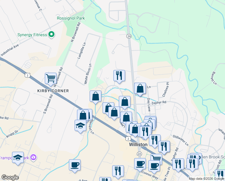 map of restaurants, bars, coffee shops, grocery stores, and more near 104 Falcon Manor in Williston