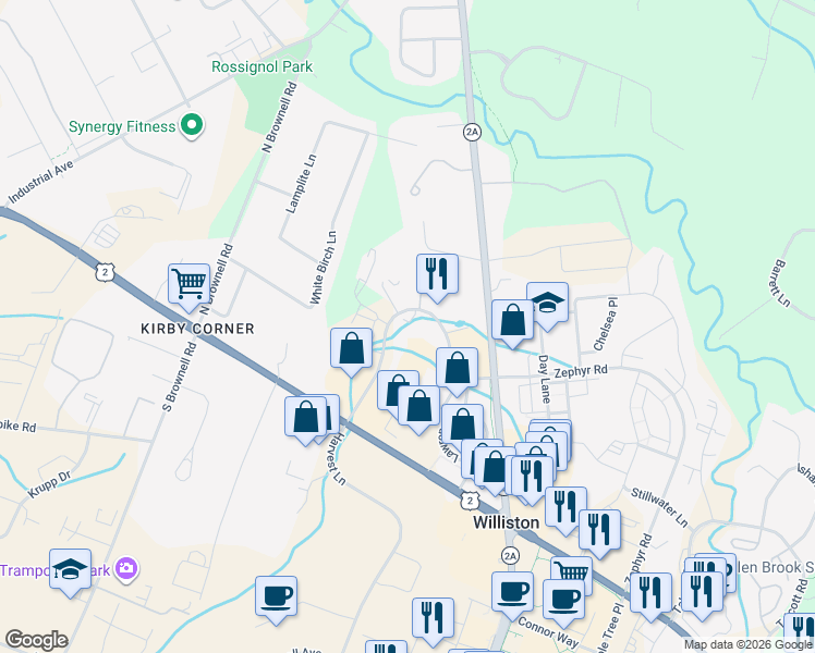 map of restaurants, bars, coffee shops, grocery stores, and more near 104 Eagle Crest in Williston