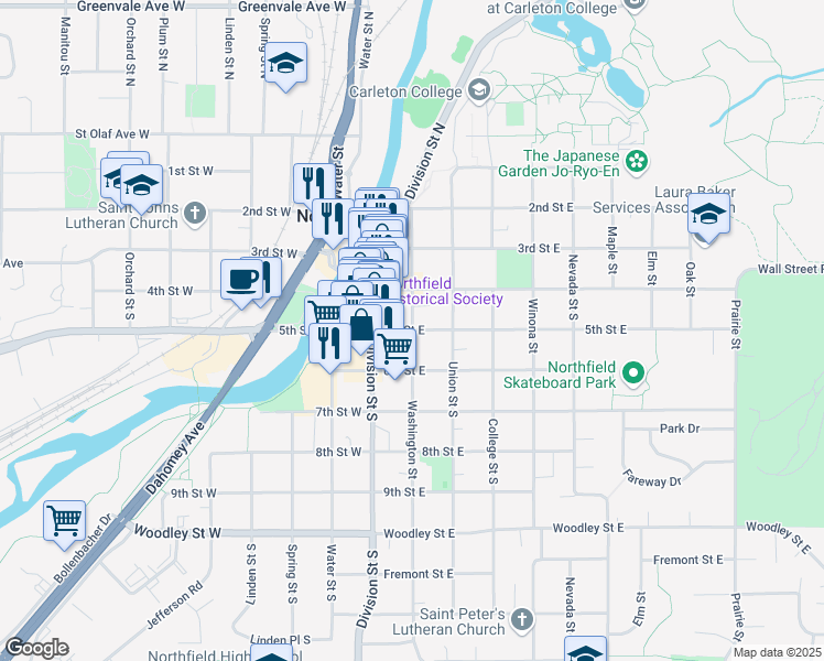 map of restaurants, bars, coffee shops, grocery stores, and more near in Northfield