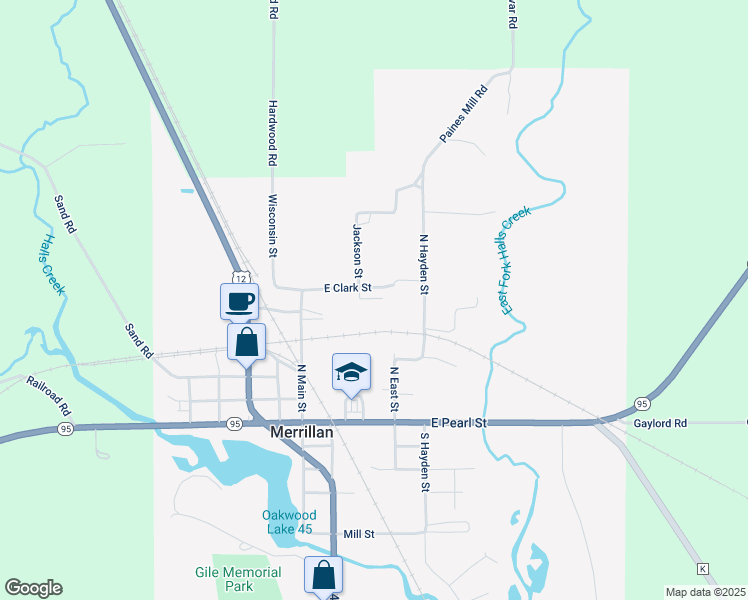 map of restaurants, bars, coffee shops, grocery stores, and more near 501 North Jackson Street in Merrillan
