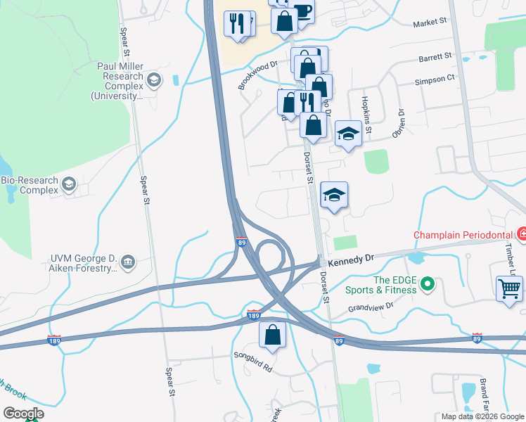 map of restaurants, bars, coffee shops, grocery stores, and more near Ocean Avenue in South Burlington