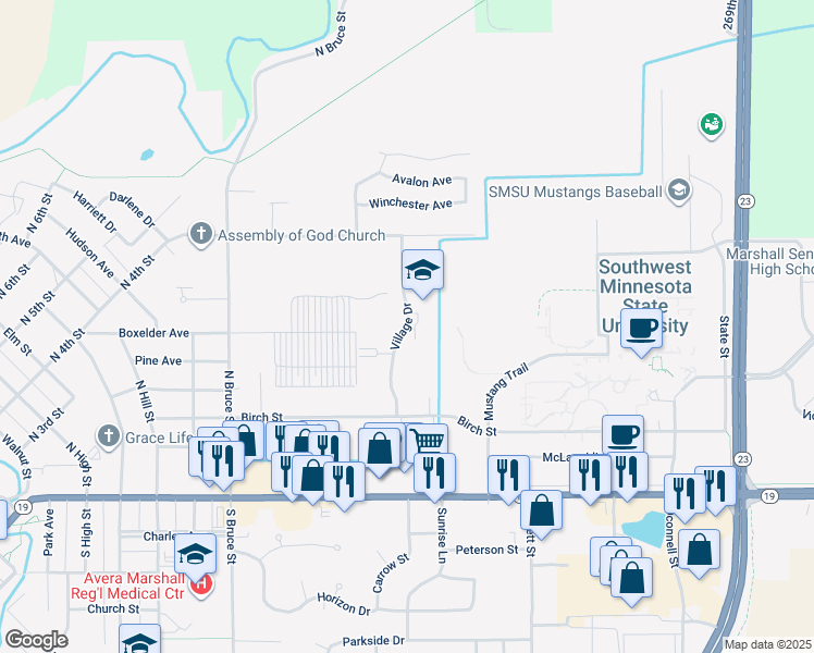 map of restaurants, bars, coffee shops, grocery stores, and more near 500 Village Drive in Marshall