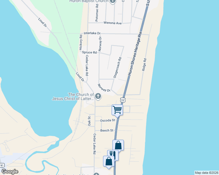map of restaurants, bars, coffee shops, grocery stores, and more near 6055 Stagecoach Road in Iosco County