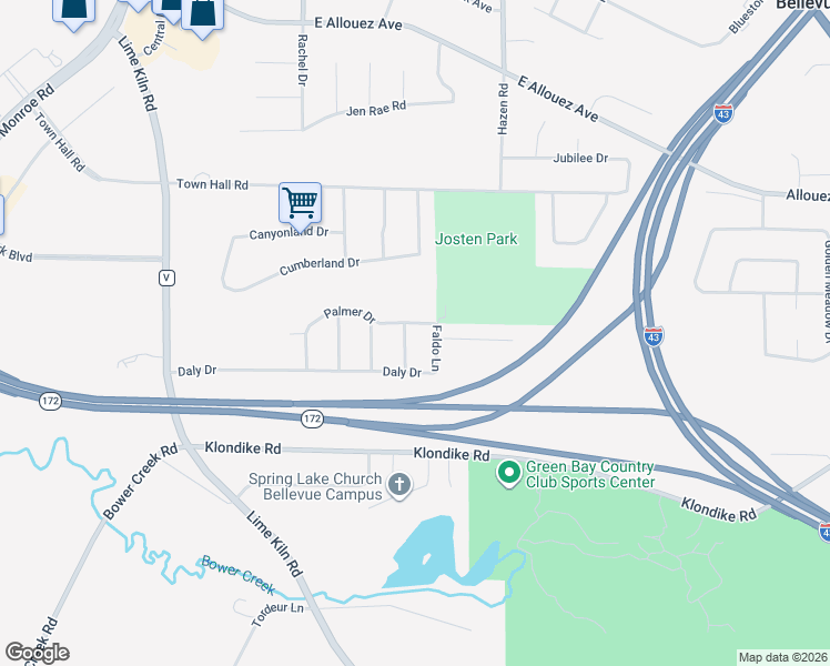 map of restaurants, bars, coffee shops, grocery stores, and more near 2221 Palmer Drive in Green Bay