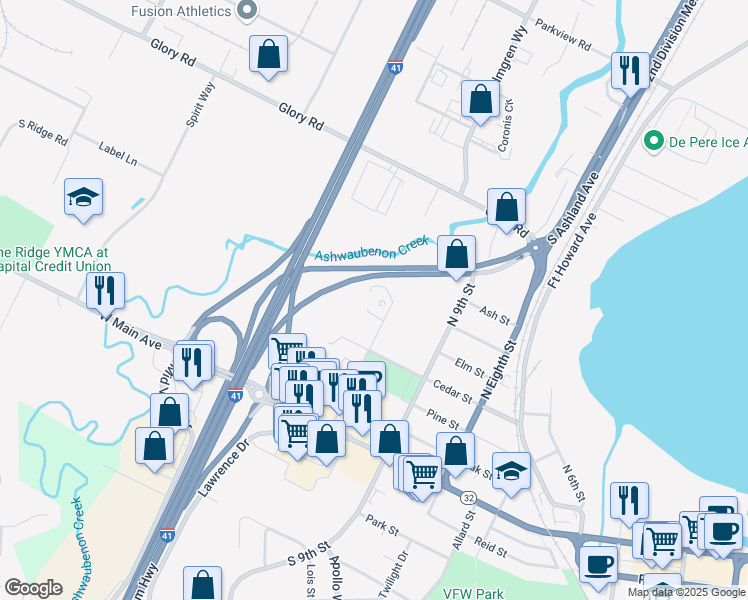 map of restaurants, bars, coffee shops, grocery stores, and more near 525 North 10th Street in De Pere