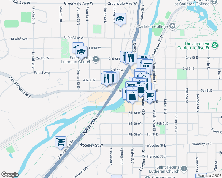 map of restaurants, bars, coffee shops, grocery stores, and more near 416 Minnesota 3 in Northfield