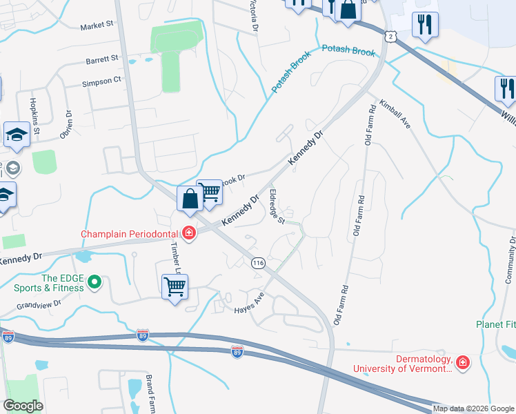 map of restaurants, bars, coffee shops, grocery stores, and more near 150 Kennedy Drive in South Burlington