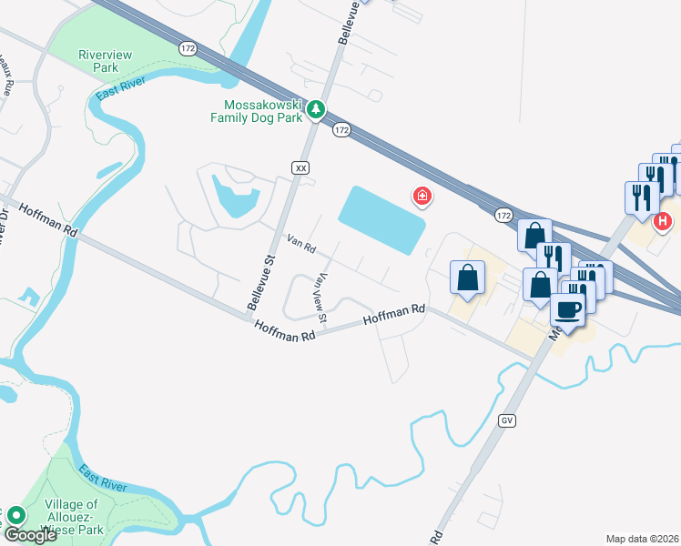 map of restaurants, bars, coffee shops, grocery stores, and more near 1574 Van Road in Green Bay