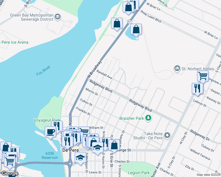 map of restaurants, bars, coffee shops, grocery stores, and more near 804 Lawton Place in De Pere