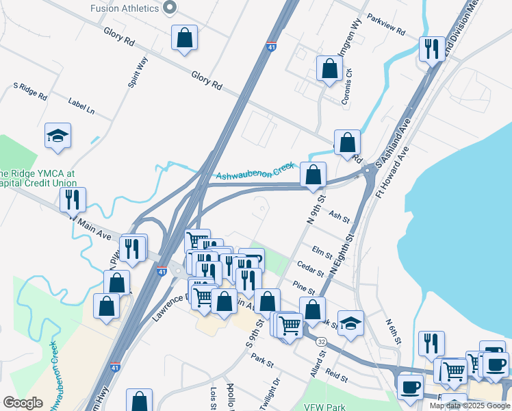 map of restaurants, bars, coffee shops, grocery stores, and more near 525 North 10th Street in De Pere
