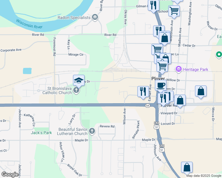map of restaurants, bars, coffee shops, grocery stores, and more near 3240 Village Lane in Plover