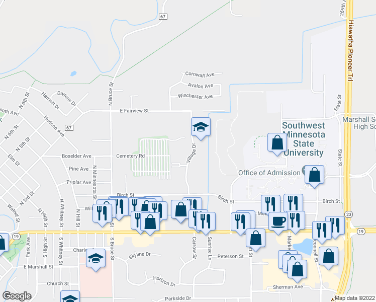 map of restaurants, bars, coffee shops, grocery stores, and more near 513 Village Drive in Marshall
