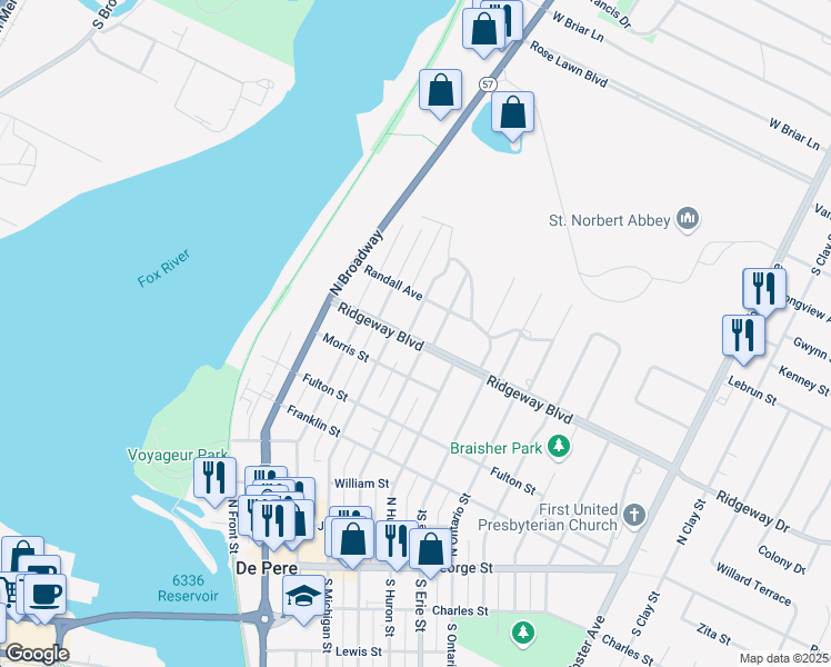 map of restaurants, bars, coffee shops, grocery stores, and more near 804 Lawton Place in De Pere