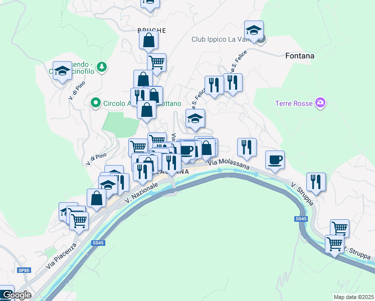 map of restaurants, bars, coffee shops, grocery stores, and more near 3B Via San Felice in Genova