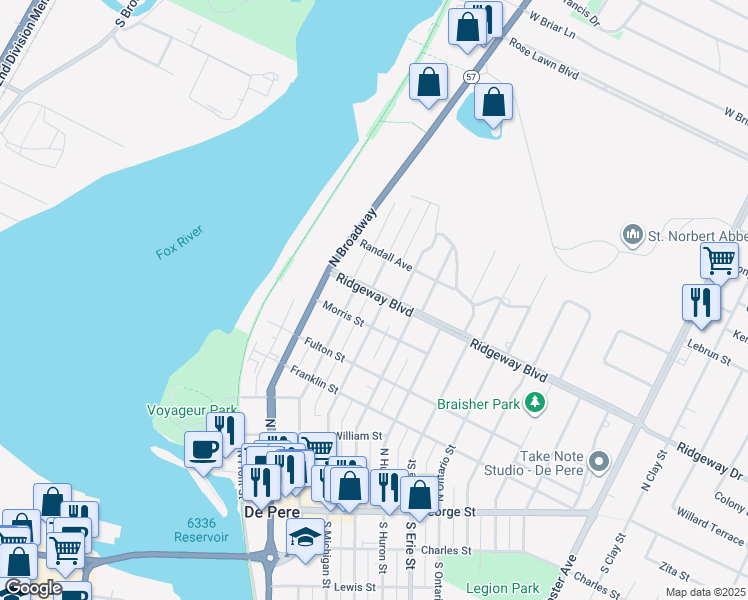 map of restaurants, bars, coffee shops, grocery stores, and more near 725 North Michigan Street in De Pere